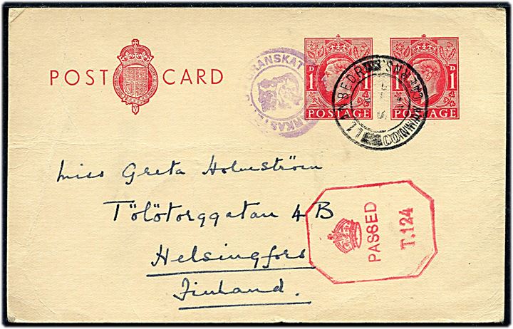 1d+1d George VI provisorisk helsagsbrevkort fra Llanbedr d. 8.2.1940 til Helsingfors, Finland. Både britisk censur Passed T.124 og finsk censur.
