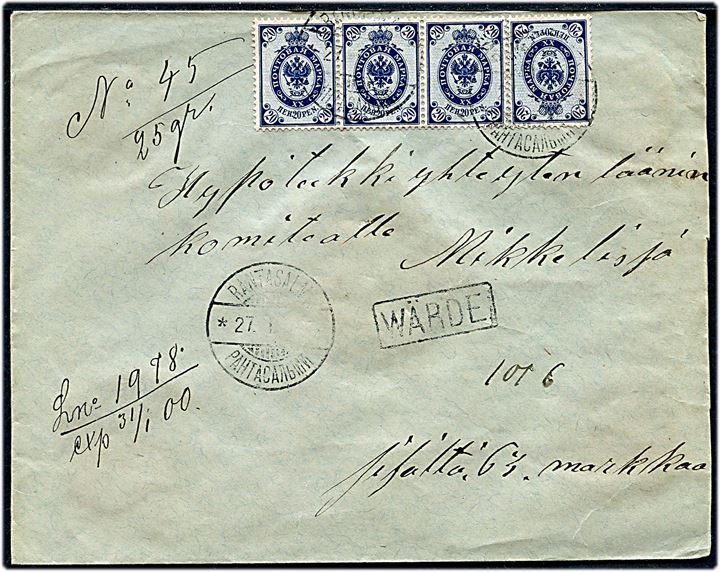 20 pen. Våben (4) på værdibrev fra Rantasalmi d. 27.1.1901 til Mikkeli. Rammestempel Wärde og på bagsiden laksegl fra Rantasalmi postkontor.