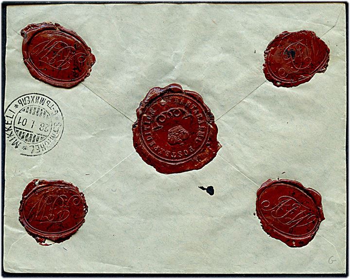 20 pen. Våben (4) på værdibrev fra Rantasalmi d. 27.1.1901 til Mikkeli. Rammestempel Wärde og på bagsiden laksegl fra Rantasalmi postkontor.