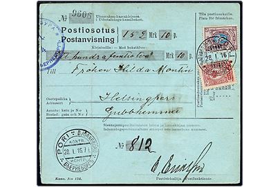 10 pen. og 40 pen. Våben på postanvisning fra Björneborg d. 28.1.1916 til Helsingfors.