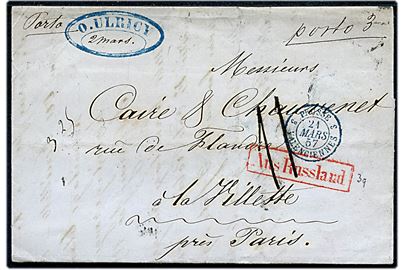 1857. Ufrankeret portobrev med fuldt indhold fra St. Petersburg 2.3.1857 via Paris til La Villette, Frankrig. Rammestempel Aus Russland og fransk grænsestempel 3 Prusse 3 Valenciennes d. 21.3.1857. 