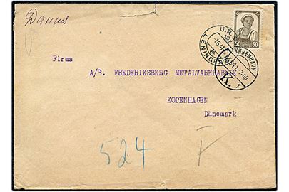 50 kop. single på brev fra Leningrad d. 1.6.1941 til København, Danmark. Åbnet af tysk censur i Berlin og omadresseret i København d. 3.6.1941.