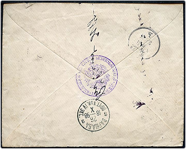 20 kop. Våben single på anbefalet brev fra Warszawa d. 26.10.1898 til Leipzig, Tyskland. På bagsiden stempel fra det tyske generalkonsulat i Warszawa.