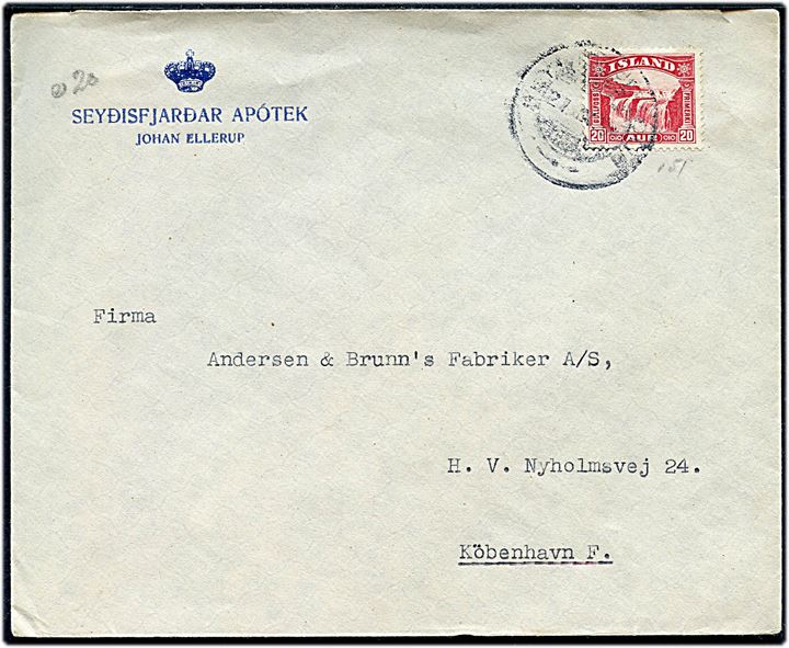 20 aur Gullfoss på fortrykt kuvert fra Seydisfjördur d. 27.9.1934 til København. Svagt stempelaftryk.