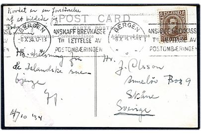 10 aur Chr. X på brevkort (Fra Langjökli) dateret d. 4.10.1934 og annulleret med norsk stempel i Bergen d. 8.10.1934 og sidestemplet violet Paquebot til Skåne, Sverige.