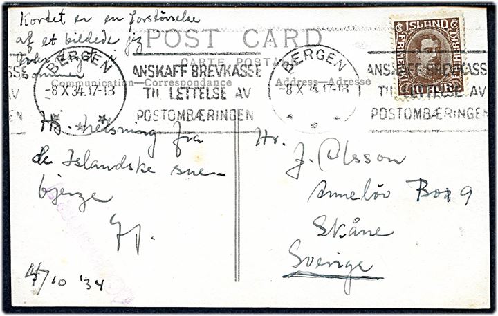 10 aur Chr. X på brevkort (Fra Langjökli) dateret d. 4.10.1934 og annulleret med norsk stempel i Bergen d. 8.10.1934 og sidestemplet violet Paquebot til Skåne, Sverige.