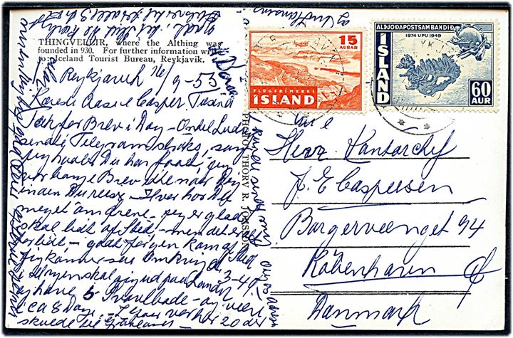 15 aur Luftpost og 60 aur UPU på brevkort (Thingvellir) fra Reykjavik d. 16.9.1955 til København, Danmark.