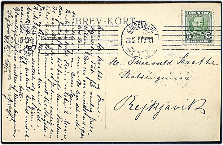 5 øre Fr. VIII på brevkort (Interiør fra Vor Frue Kirke, Fotografisk Forlag no. 80) fra Kjøbenhavn d. 30.12.1911 til Reykjavik, Island.