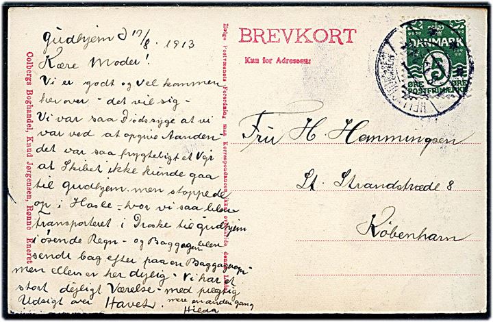 5 øre Bølgelinie på brevkort annulleret med brotype IIa Helligdommen d. 17.8.1913 til København.