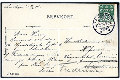 5 øre Bølgelinie på brevkort fra Aarhus d. 11.2.1914 til maskinmester ombord på Vagerskibet Løvenørn, Brevpostkontoret i København - eftersendt til Fredericia.