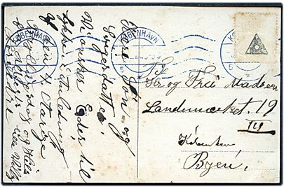Brevkort med manglende frimærke med blåt neutralt maskinstempel København sn5 d. 9.12.1921. Sjældent eksempel på forsøgsmæssig brug af BLÅ stempelfarve på Sylbe & Pondorf stempelmaskine i København 1921.