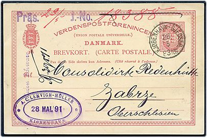 10 øre Våben med variant Åbent 0 helsagsbrevkort fra Kjøbenhavn annulleret lapidar bureaustempel Kjøbenhavn - Gjedser d. 28.5.1891 til Zabrze, Oberschlesien, Tyskland.