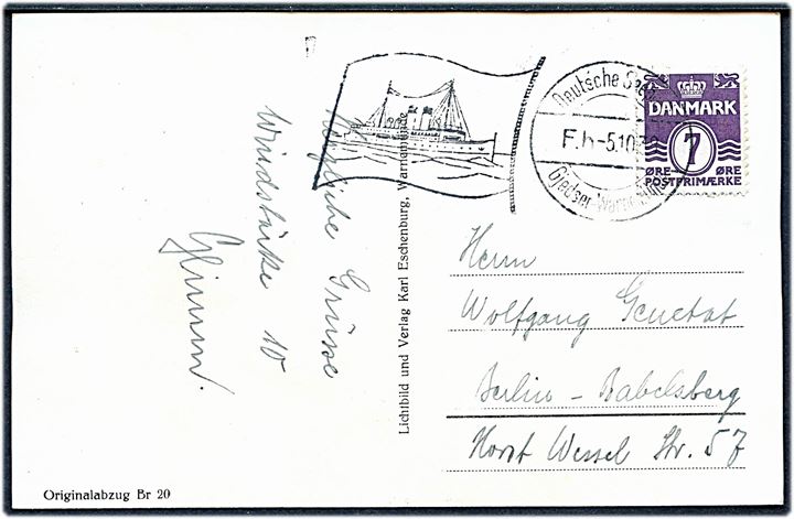 7 øre Bølgelinie på brevkort (Tyske færge Schwerin) annulleret med skibsstempel Deutsche Seepost Gjedser - Warnemünde F.h. d. 5.10.1939 til Berlin, Tyskland.
