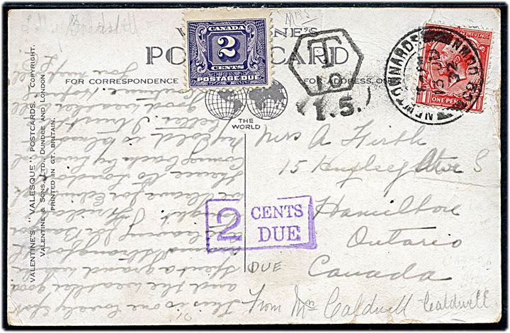 1d George V på underfrankeret brevkort fra Newtownads d. 13.6.1932 til Hamilton, Canada. Porto stempel og påsat canadisk 2 cents portomærke.