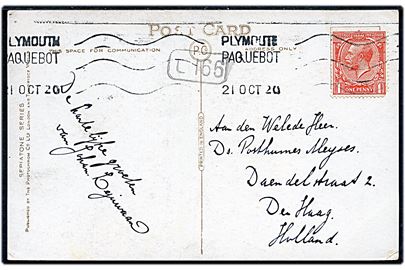 1d George V på brevkort annulleret med skibsstempel Plymouth Paquebot d. 21.10.1920 til Haag, Holland.