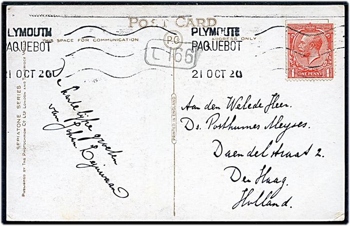1d George V på brevkort annulleret med skibsstempel Plymouth Paquebot d. 21.10.1920 til Haag, Holland.