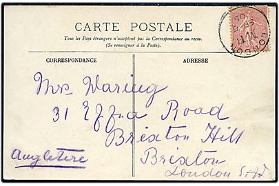 10 c. på brevkort (Marked i Dieppe) annulleret med britisk skibsstempel London M.B. (= Mobile Box) d. 6.9.1905 til Brixton, England.