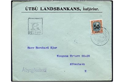 50 aur/5 Kr. Provisorium single på anbefalet brev fra Reykjavik d. 23.10.1925 til København.