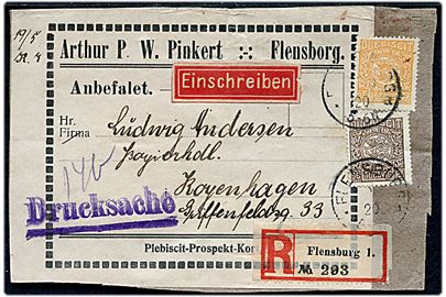 25 pfg. og 35 pfg. Fælles udg. på adresseseddel for stor tryksag sendt anbefalet fra Flensburg d. ?.5.1920 til København, Danmark.