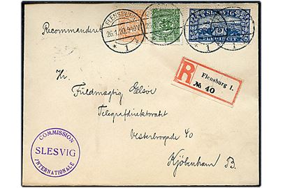 5 pfg., 25 pfg. og 2 mk. Fælles udg. på anbefalet brev fra Flensburg d. 26.1.1920 til København. Lille kommissionsstempel: Commission Internationale Slesvig (30 mm) med skævt I.