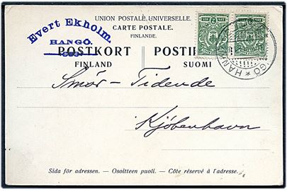 Russisk 2 kop. Våben i parstykke på brevkort annulleret med 3-sproget stempel i Hangö d. 31.12.1914 til København, Danmark. Uden tegn på censur.