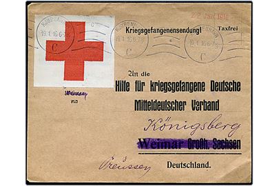 Fortrykt ufrankeret krigsfangeforsendelse påsat stor Røde Kors-mærkat fra Kjøbenhavn d. 19.1.1916 til Königsberg, Tyskland.