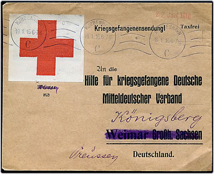 Fortrykt ufrankeret krigsfangeforsendelse påsat stor Røde Kors-mærkat fra Kjøbenhavn d. 19.1.1916 til Königsberg, Tyskland.