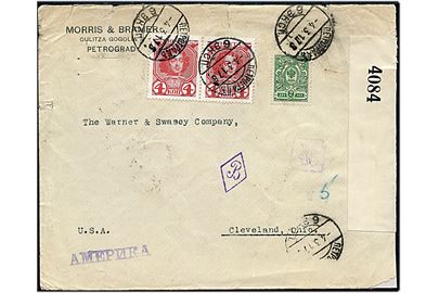 2 kop. Våben og 4 kop. Romanow (par) på brev fra Petrograd d. 4.3.1917 til Cleveland, USA. Passér stemplet ved den russiske censur i Petrograd og åbnet af britisk censur no. 4084.