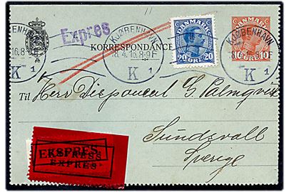 10 øre Chr. X helsags korrespondancekort opfrankeret med 20 øre Chr. X sendt som ekspres fra Kjøbenhavn d. 18.4.1916 til Sundsvall, Sverige. Både Expres-stempel, samt hvid og rød ekspres-etiket. Mindre skade på bagsiden.