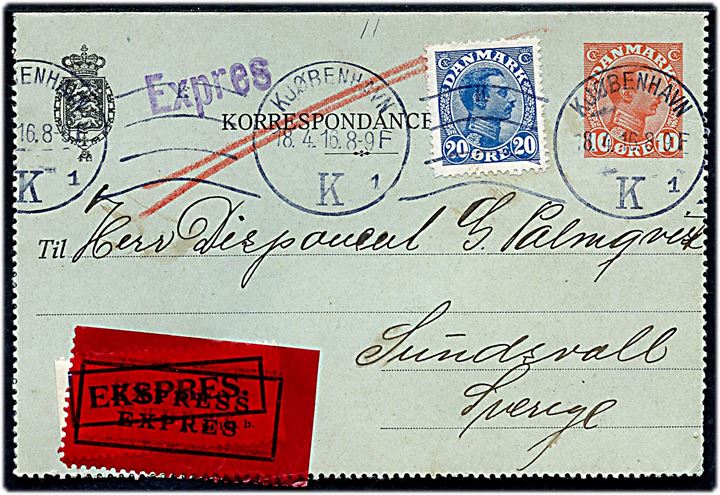 10 øre Chr. X helsags korrespondancekort opfrankeret med 20 øre Chr. X sendt som ekspres fra Kjøbenhavn d. 18.4.1916 til Sundsvall, Sverige. Både Expres-stempel, samt hvid og rød ekspres-etiket. Mindre skade på bagsiden.