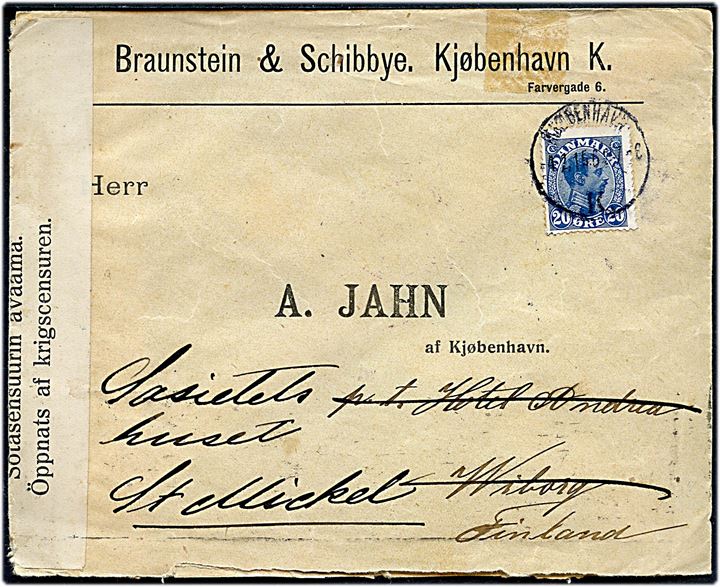 20 øre Chr. X på brev fra Kjøbenhavn d. 4.2.1915 til Wiborg, Finland - eftersendt til St. Mickel. Åbnet af russisk censur i Helsingfors.