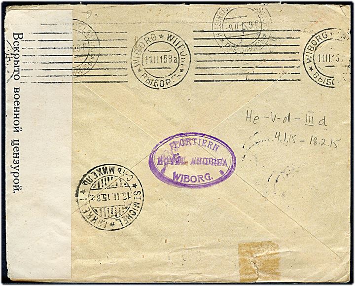 20 øre Chr. X på brev fra Kjøbenhavn d. 4.2.1915 til Wiborg, Finland - eftersendt til St. Mickel. Åbnet af russisk censur i Helsingfors.
