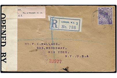 3d George V single på anbefalet brev fra London d. 19.1.1918 til New York, USA. Påsat Permit No. C.12 etiket og særligt sorteringsstempel 15/22 på bagsiden. Britisk censur no. 3347.