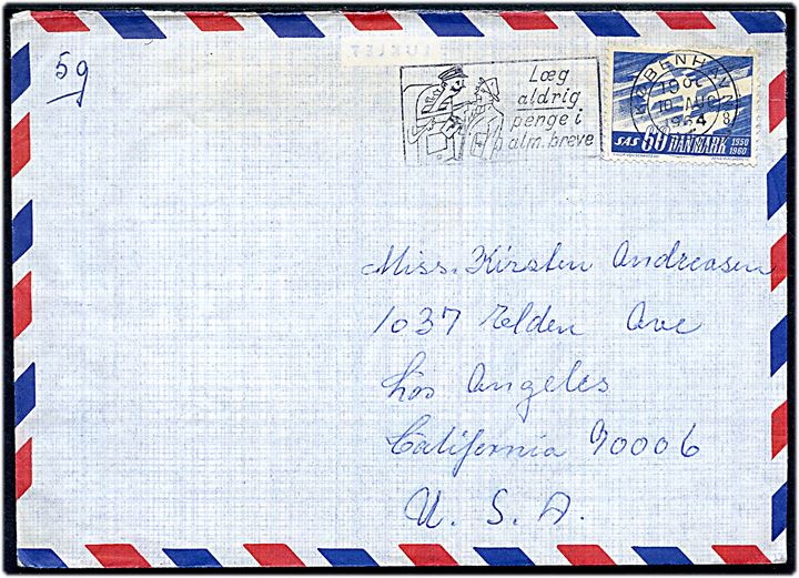 60 øre SAS Jubilæum alm. papir single på luftpostbrev påskrevet 5 g. fra København d. 10.8.1964 til Los Angeles, USA.