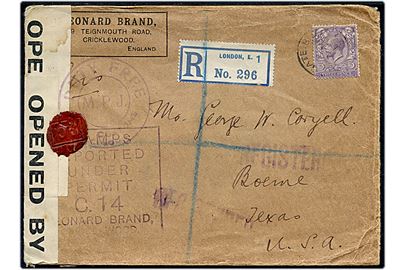 3d George V single på anbefalet brev fra London d. 2.8.1917 til Texas, USA. Frimærkeforsendelse med permit stempel C. 14 og på bagsiden violet sorteringsstempel 22/7. Åbnet af britisk censur no. 3347 og laksegls-censur P.C..
