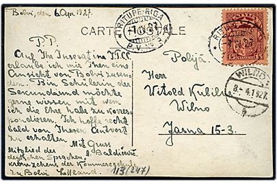 15 s. Våben på brevkort annulleret med ovalt bureaustempel Ritupe - Riga P.V. No. 3 d. 7.4.1927 til Vilno.