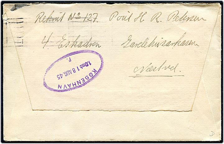 20 øre Chr. X (3) på 60 øre frankeret ekspresbrev påskrevet Kassebrev fra Næstved d. 17.8.1945 til København. Sendt fra rekrut ved 4. Eskadron, Gardehusarregimentet i Næstved.