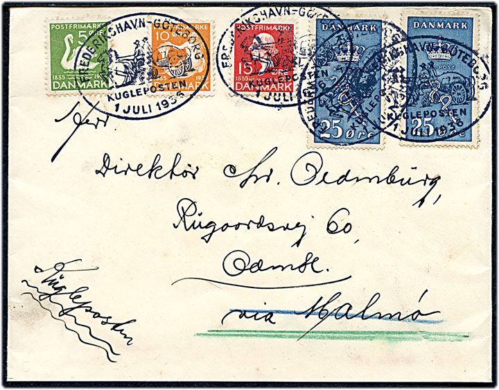 5 øre, 10 øre og 15 øre H. C. Andersen og 25+5 øre Kræftmærke (2) på brev annulleret med særstempel Frederikshavn - Göteborg Kuglepost 1.7.1936 til Odense.