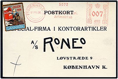 7 øre firmafranko fra Frederikshavn Bank og Julemærke 1928 på tryksagskort fra Frederikshavn d. 10.12.1928 til København.