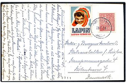 15 mk. Løve og Lapin mærkat på brevkort fra Punkaharju d. 25.6.1954 til København, Danmark.