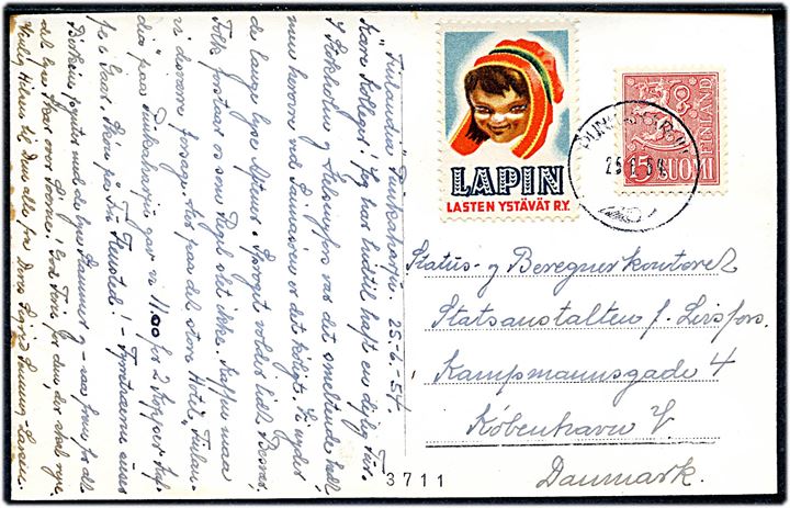 15 mk. Løve og Lapin mærkat på brevkort fra Punkaharju d. 25.6.1954 til København, Danmark.