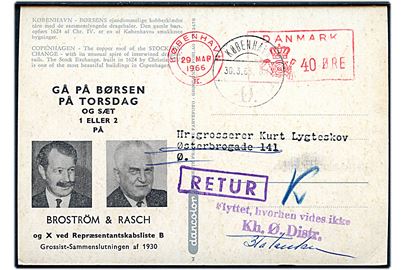 40 øre posthusfranko på valgagitationskort fra Grossist-Sammenslutningen af 1930 sendt lokalt i København d. 29.3.1966. Retur som ubekendt.