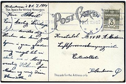 3 øre Bølgelinie på lokalt brevkort i Kjøbenhavn d. 21.7.1917 til konstabel ved Luftforsvarskompagniet, Citadellet, København Ø. Kastellet var samleadresse for mandskab ved Københavns Kystdefension.