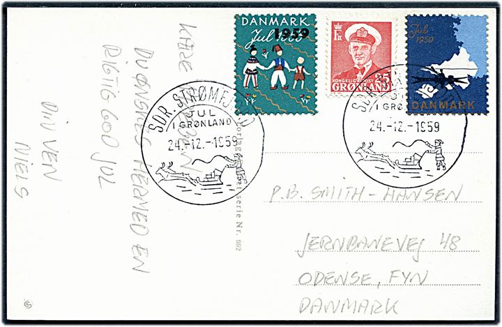 25 øre Fr. IX og både Julemærke 1959 og 1959/1953 provisorium på julekort annulleret med jule-særstempel Sdr. Strømfjord d. 24.12.1959 til Odense.