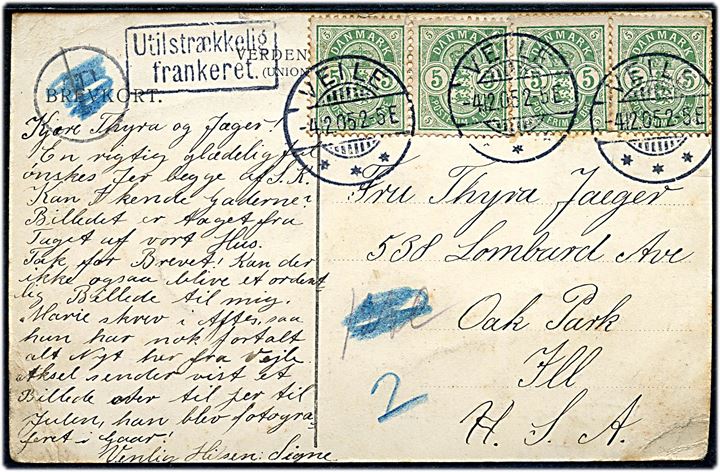 5 øre Våben (4) på brevkort (Vejle, damptog ved Herslebsgade og Nützhornsgade) fra Vejle d. 4.2.1905 til Oak Park, USA. Sort T-stempel og rammestempel Utilstrækkelig frankeret. Portopåtegning overstreget.
