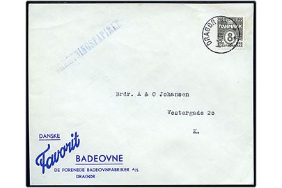 8 øre Bølgelinie single på lokal forretningspapirer annulleret med brotype IIIc Dragør d. 1.5.1939 til København.