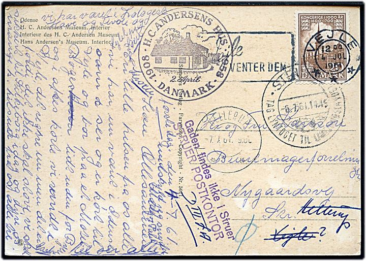 20 øre 1000 års udg. på brevkort fra Vejle d. 4.7.1961 til Str. - forsøgt i Struer og Hellerup og endelig København Ø med stempel Gaden findes ikke i Struer / Struer Postkontor.