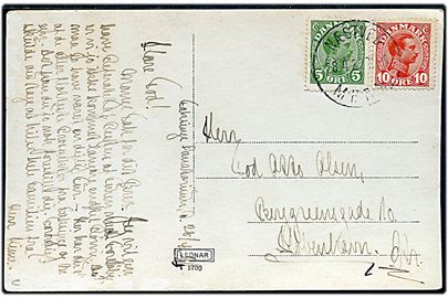 5 øre og 10 øre Chr. X på brevkort fra Faksinge Sanatorium annulleret med bureau Næstved - Mern T.5 d. 28.4.1922 til København.