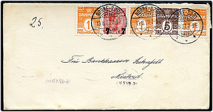 1 øre (3), 5 øre Bølgelinie og 7/20 øre Provisorium på brev annulleret med brotype Ia Nørre-Søby d. 19.8.1927 til Næstved.