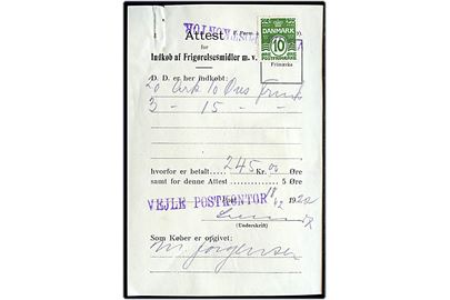 10 øre Bølgelinie annulleret med liniestempel Vejle Postkontor som gebyr på attest for Indkøb af Frigørelsesmidler m.v. d. 18.12.1922. 
